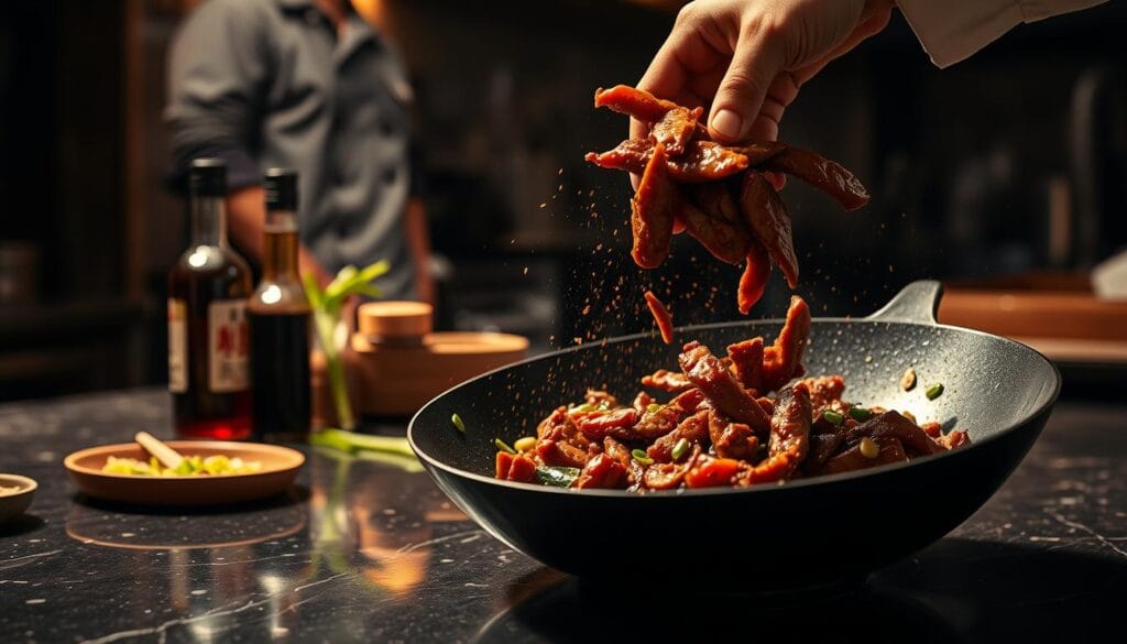 A dimly lit kitchen countertop, the surface glistening with the rich brown sauce of simmered Mongolian beef. In the foreground, a chef's hand delicately tosses slices of beef, seasoned with toasted garlic, ginger, and a hint of spice. Sizzling wok action creates a captivating focal point, the beef searing to a perfect char. In the middle ground, a selection of prep ingredients - scallions, sesame seeds, and a bottle of soy sauce - stand ready to elevate the dish. The background fades into a blurred, moody ambiance, evoking the warm, convivial atmosphere of a beloved restaurant kitchen. Dramatic lighting casts dramatic shadows, lending an air of professional mastery to the scene.